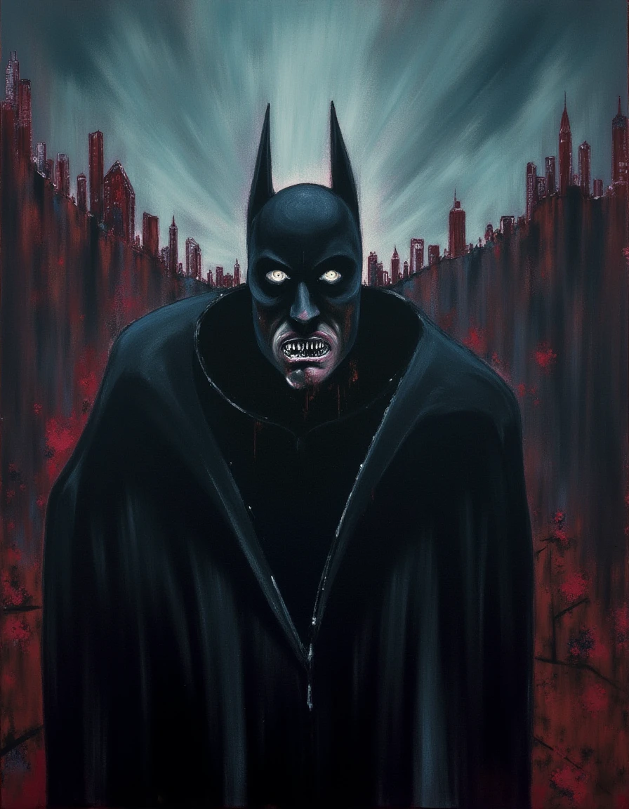 In a dramatic and surreal reinterpretation of the iconic superhero, a Francis Bacon-style portrait of Batman emerges. The composition features a distorted, contorted figure cloaked in ominous black shadows, the cape billowing around him like dark storm clouds. The background is an abstract whirlwind of chaotic brushstrokes in deep burgundy and muted teal, evoking a sense of turmoil and tension. 

Batman's face is partially obscured, with haunting, elongated features that convey a sense of anguish and isolation; his piercing eyes glow with a haunting intensity reminiscent of a caged animal. The texture of the canvas gives the impression of raw emotion, with thick layers of paint creating a palpable depth. The air around him seems charged with an electric energy, encapsulating the essence of his eternal struggle against inner demons and external foes.

Fractured forms, suggesting the grim contours of Gotham City, loom behind him, while splashes of vibrant red capture the essence of danger that constantly trails in his wake. The overall atmosphere resonates with a blend of melancholy and resolve, as if the painted figure is caught in a fierce battle not just with villains, but with the very fabric of his own tortured identity.