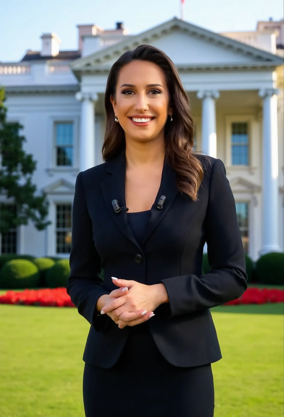 Subject=Image Prompt=Full body Photograph of GozdeSeker wearing black blazer, black dress, presenting news in front of White House
GozdeSeker, blazer, dress, news presenter, CNN, full shot, white house