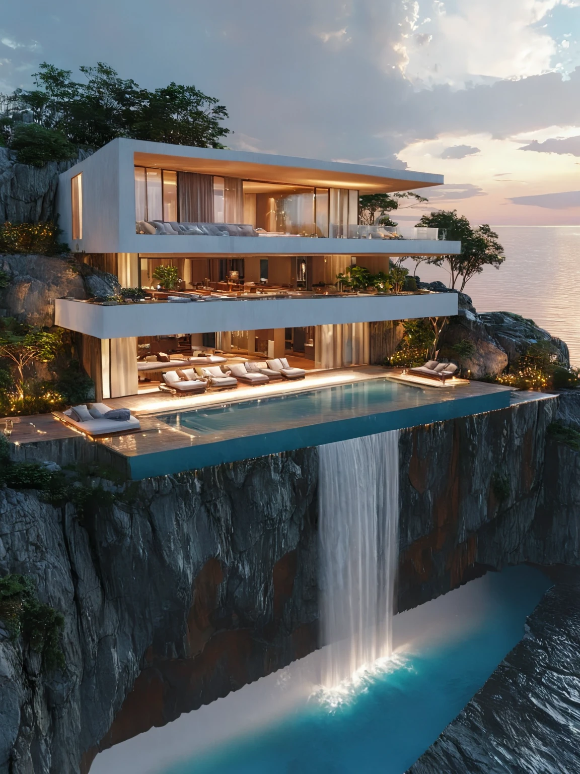 <lora:JJsCliffHouse_XL:1> , ((Cliff House)),  masterpiece, best quality, blue sky, brown hair, cloud, no humans, outdoors, pillow, plant, scenery, sky, sunset, tree, water, center composition,  sky, cloud, waterfall,