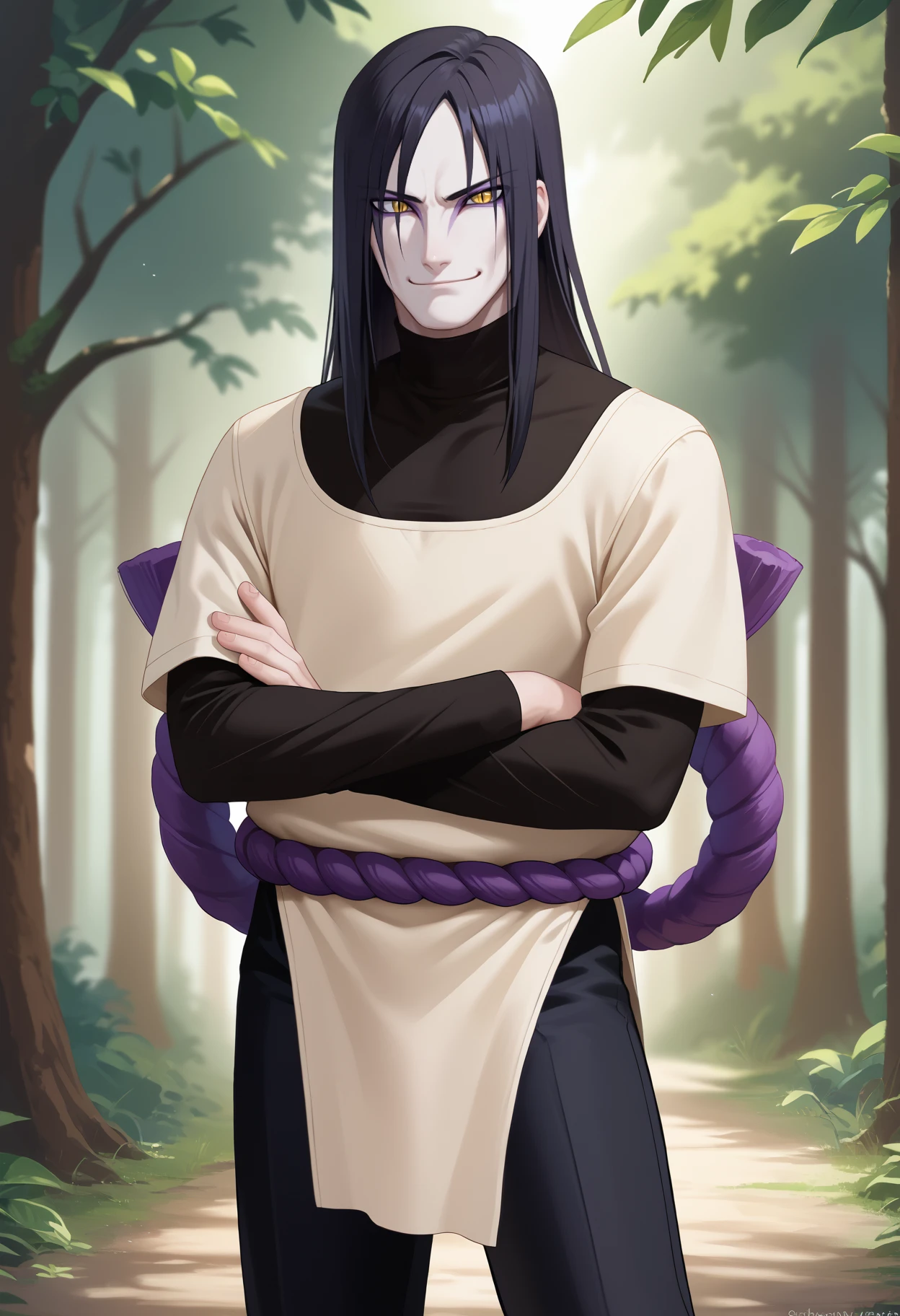 score_9, score_8_up, score_7_up, source_anime, <break> solo, male focus, 1boy, orochimaru, pale skin, makeup, smirk, looking at you, standing, crossed arms, long hair, black hair, yellow eyes, slit pupils, white dress, rope belt, short sleeves, black shirt, turtleneck, short over long sleeves, pelvic curtain, black pants, outdoors, forest
<segment:yolo-face_yolov8m.pt,0.4,0.5//cid=1>