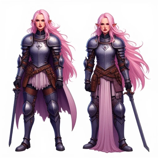 multiple view of a female paladin warrior character with pink hair and heavy armor on and a neutral expression