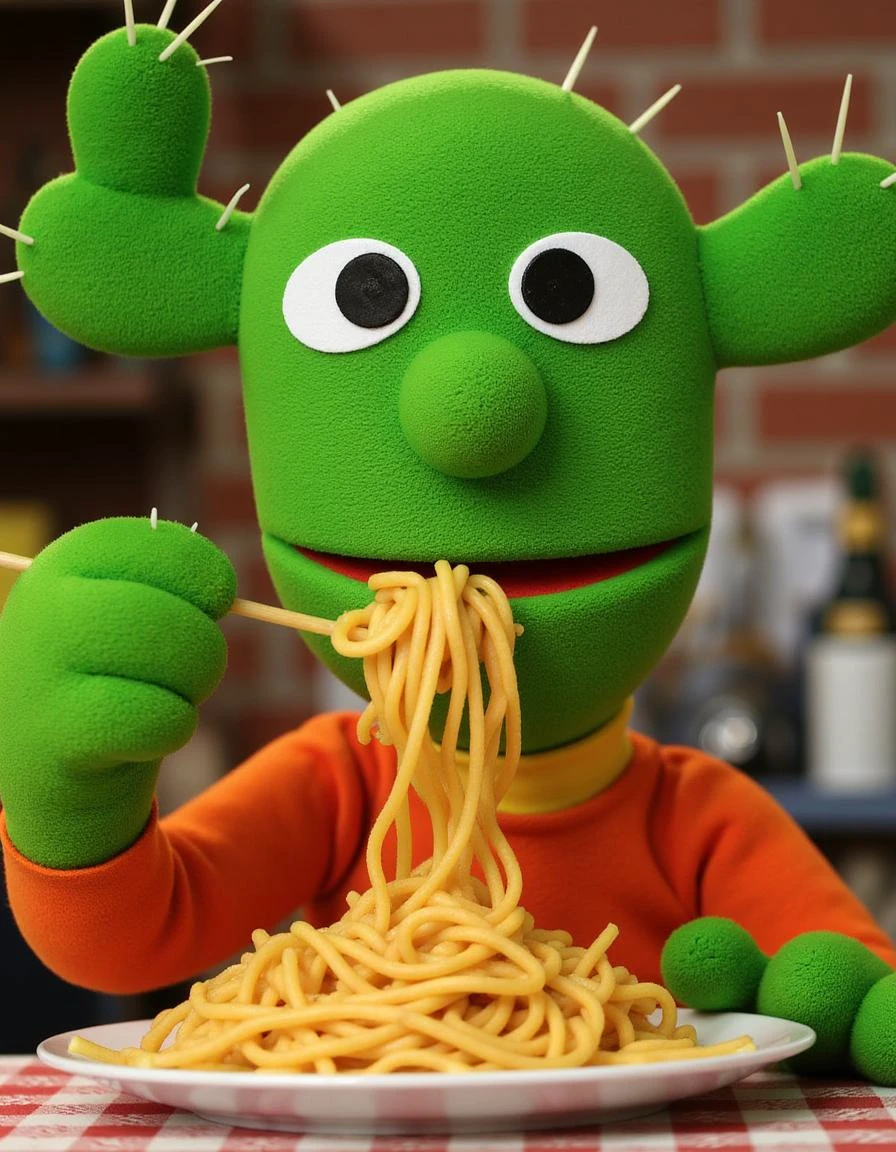 green monster eating spaghetti