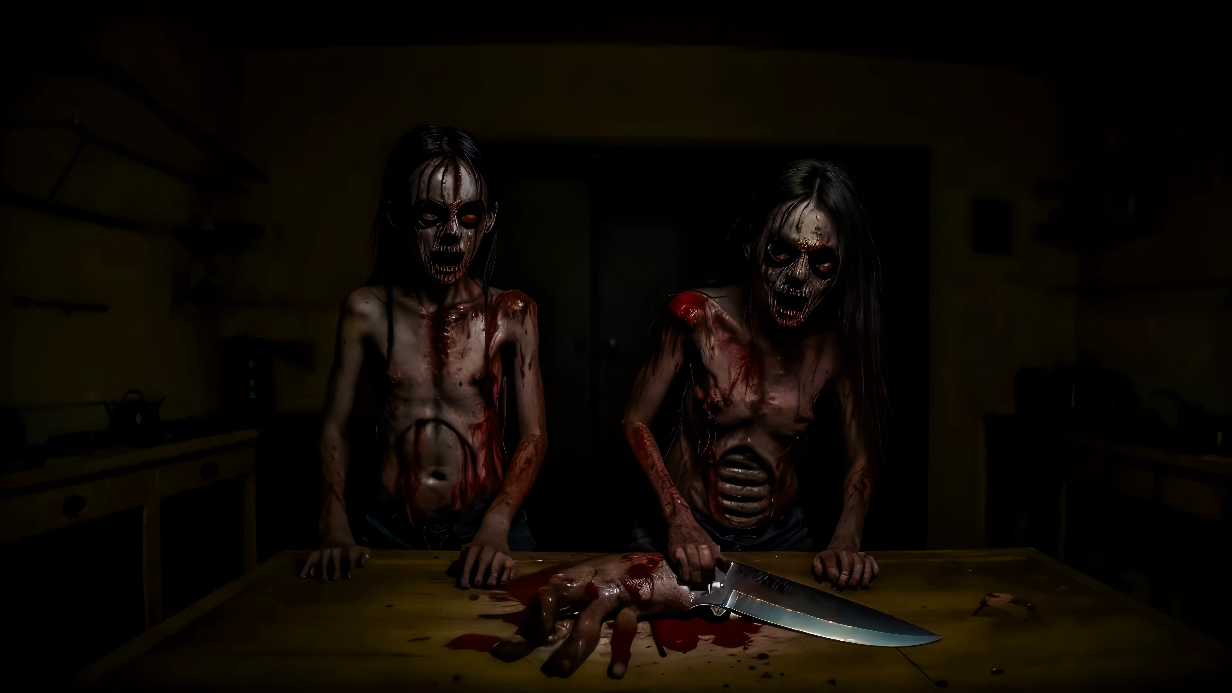 (masterpiece, best quality:1.2), horror scene, 2 siblings, kitchen, knifes, chopping, guts, insides , violent , blood, guts, gore, horror, glowing bloodshot eyes, demonic posession