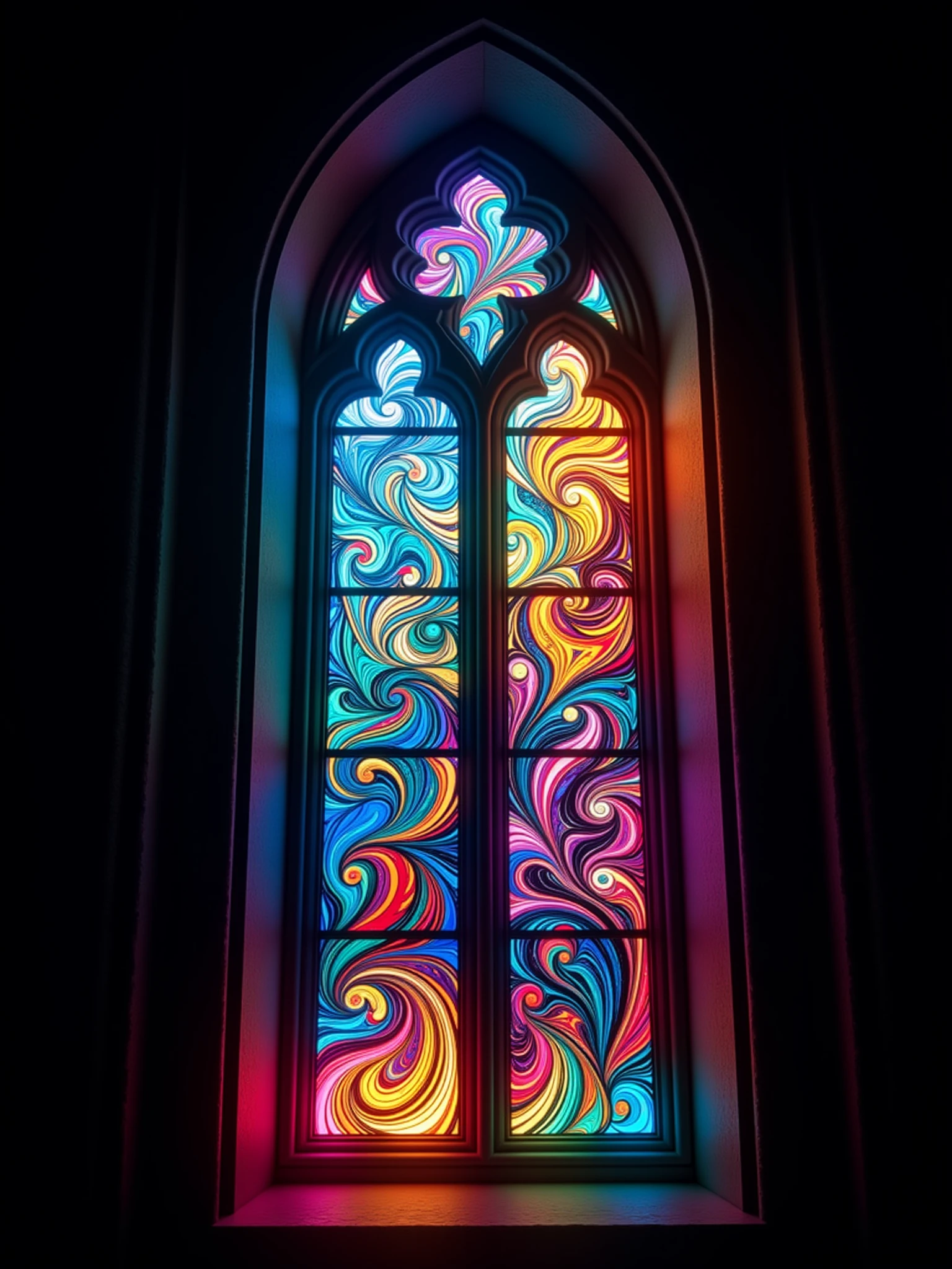 glowing mad-glwngmrbldppr stained glass window in a church, lightray   <lora:glowing-marbled-paper-flux:1>, night