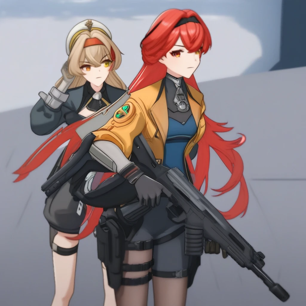 fatetrigger, multiple girls, 2girls, weapon, gun, holding weapon, holding, red hair, holding gun, long hair,