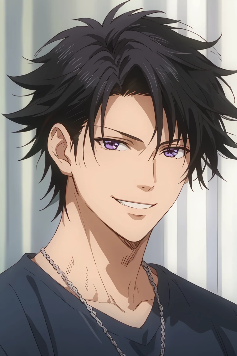 score_9, score_8_up, score_7_up, source_anime, rating_safe, 1stmale focus, RuiKG, black_Rui_hair, purple_Rui_eyes, shirt, necklace, smile, 1stboy, anime screencap, portrait, looking at viewer