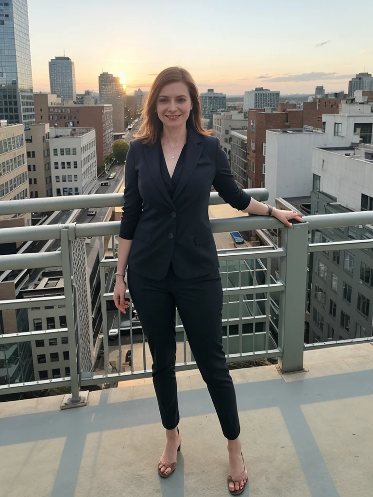 a professional absurdres sharp focus intricately detailed photograph of solo (Stephanie_Shuttler_Manka:1.1) wearing a pantsuit with a knowing smile standing on a lightly traveled footbridge overlooking a busy downtown,
(cityscape:1.2) scene posing on the (rooftops:1.2) at (sunset:1.2) wearing trousers and a top,
 <lora:Stephanie_Shuttler_Manka-SDe13:0.8>