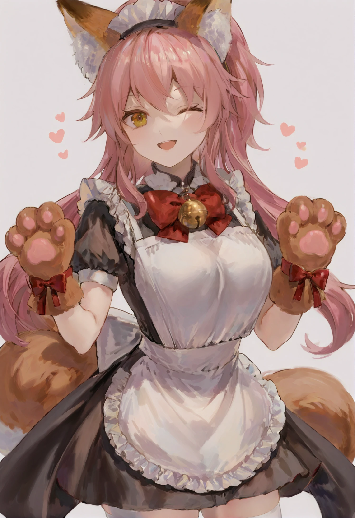 masterpiece, best quality,1girl, tamamo cat \(fate\), tamamo \(fate\), solo, one eye closed, animal ears, pink hair, bell, fox ears, apron, neck bell, long hair, maid headdress, animal hands, thighhighs, heart, collar, simple background, open mouth, jingle bell, looking at viewer, gloves, ponytail, animal ear fluff, white thighhighs, blush stickers, bow, grey background, hair between eyes, yellow eyes, hair bow, breasts, fox girl, fangs, tail, red bow, smile, paw gloves, fox tail, frills, dress, maid apron, maid, cowboy shot, black dress, white apron 
 <lora:ccroquetteXLlokr4f-000179:0.95>