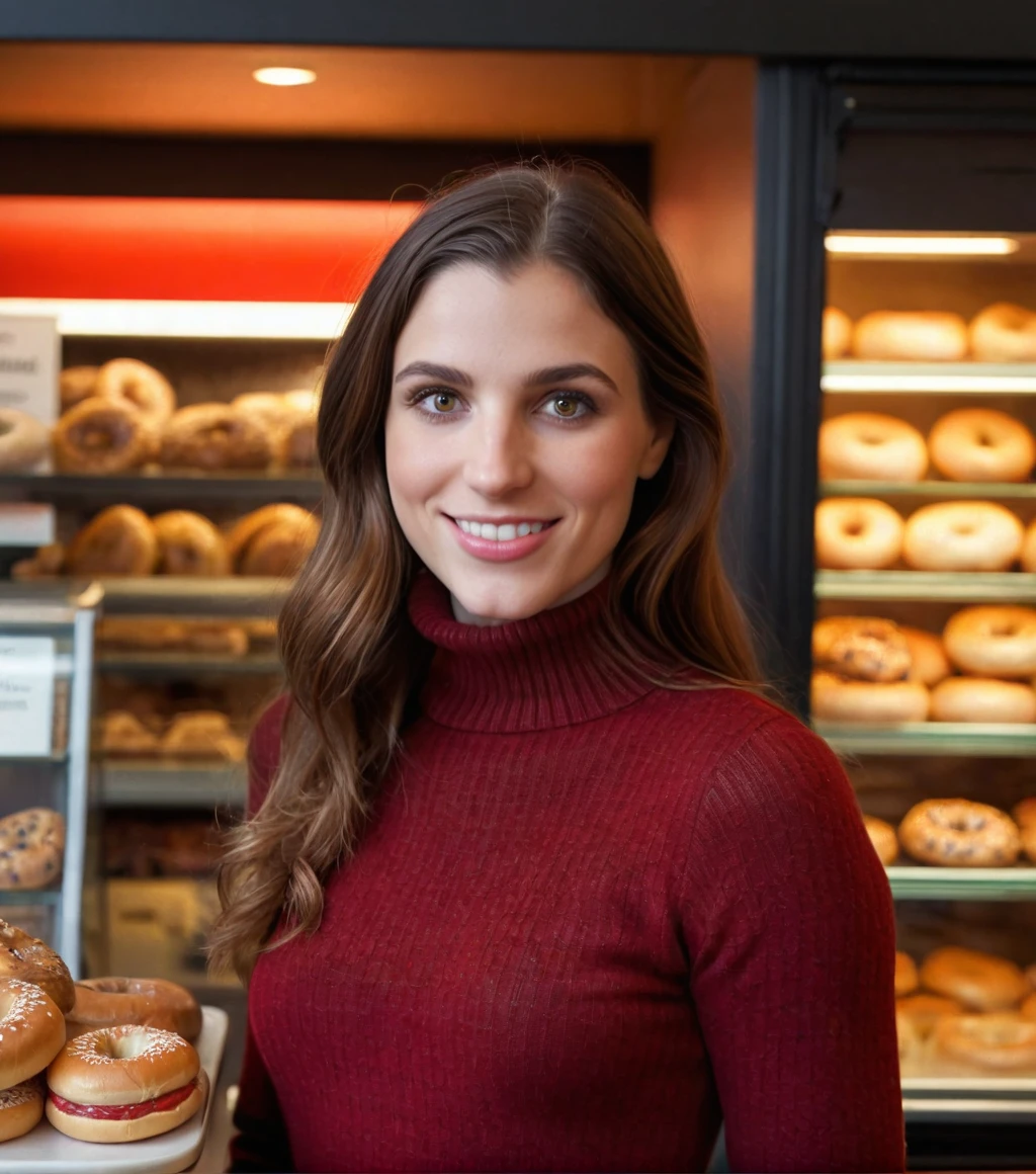 <lora:b3cc4_11XL-000007:0.9>, a (medium close up) photograph of (beautiful 24 year old) (b3cc4 woman:1.2) wearing a red turtleneck sweater dress,standing at the counter of a (New York City delicatessen:1.1),long dark hair,bagels and pasteries in display case behind,looking at viewer,smiling,variety magazine photoshoot,photorealism,realistic lighting,(bokeh),realistic shadows,masterpiece,Award-winning photography,realistic skin texture,UHD HDR,8K wallpaper,Hyperrealistic, Hyperdetailed, subsurface scattering, heavy shadow, best quality, rule of thirds, Intricate, High Detail, 16mm, color graded portra 400 film, detailed pupils, 35mm photograph, professional