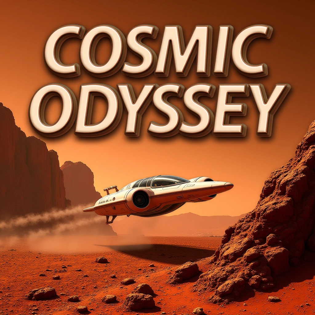 Juaner_font,

On a background resembling the surface of Mars, the text "Cosmic Odyssey" appears, with a futuristic spacecraft soaring through the rugged terrain.