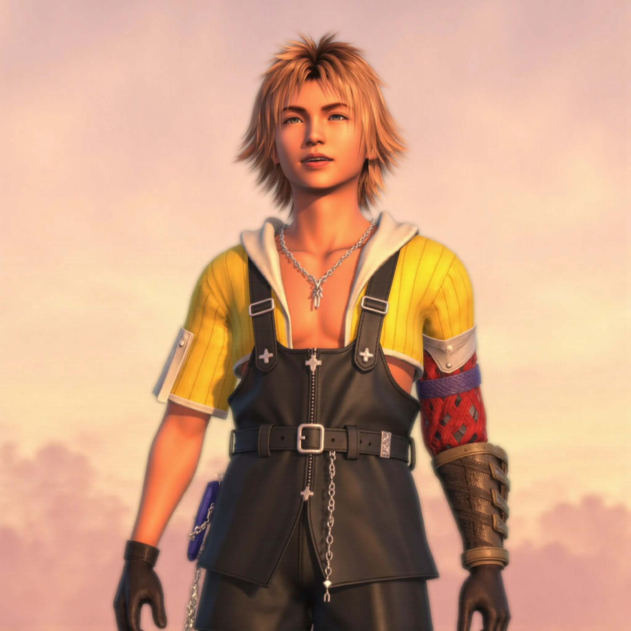 <lora:Final Fantasy X:1>,  FFX_Style
A digital artwork featuring a character from the Final Fantasy series, specifically from the game "Kingdom Hearts." The character, Tidus, is depicted with a youthful, athletic build and a confident expression. He has short, spiky hair that's a light brown color with a slightly tousled texture. Tidus wears a distinctive outfit consisting of a yellow short-sleeved shirt with a white collar, which is partially unbuttoned to reveal his chest. Over this, he wears a black apron-style garment with a utility belt around his waist, secured with a silver buckle. The apron has several pockets and pouches, suggesting a functional, adventurer-like attire. On his left arm, he wears a black, armored gauntlet with a red and purple pattern, adding a touch of fantasy and combat readiness to his appearance. A silver chain necklace with a pendant hangs around his neck, adding a touch of elegance to his rugged outfit. The background is a soft, gradient-colored sky transitioning from a warm orange to a pale pink, suggesting a serene, possibly sunset or dawn environment. The overall style is reminiscent of CGI animation, with clean lines and vibrant colors. The character's expression and attire convey a sense of confidence and readiness for adventure.