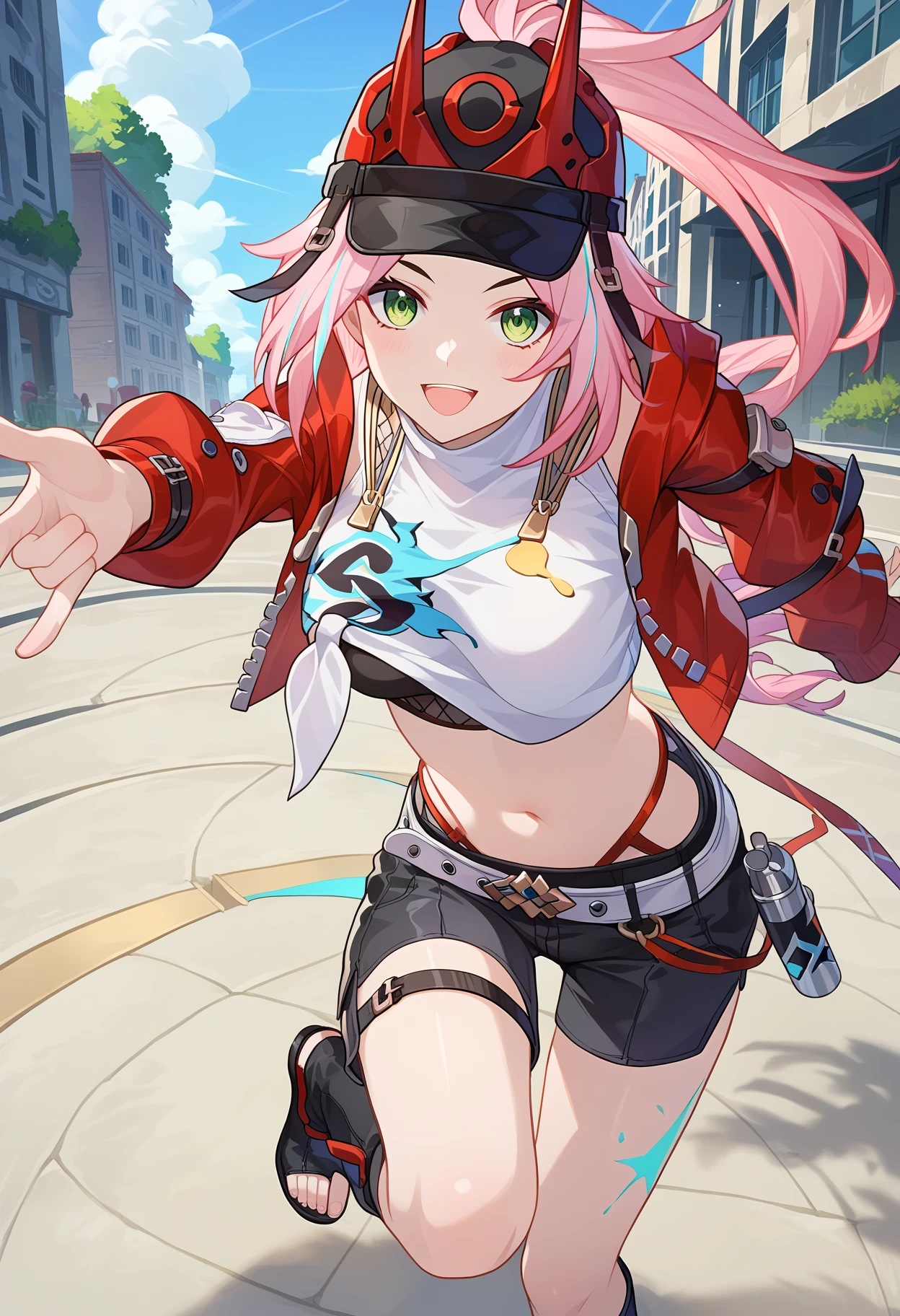 score_9, score_8_up, score_7_up, source_anime,
BREAK
1girl, solo,
<lora:shiRappaV1:0.8>, shirappa, green eyes, pink hair, long hair, ponytail, 
hat, horns, 
multicolored hair, streaked hair, crop top, red jacket, open jacket, jacket, 
short sleeves, belt, 
white shirt, asymmetrical sleeves, navel, 
black shorts, toeless footwear, 
looking at viewer, leaning forward, pointing at viewer,  smile, open mouth, bent over, 
outdoors,