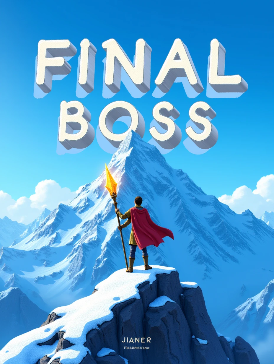 Juaner_font,

Against a snowy mountain peak background, the text says “Final Boss”, and a hero is holding a glowing staff at the mountain's edge