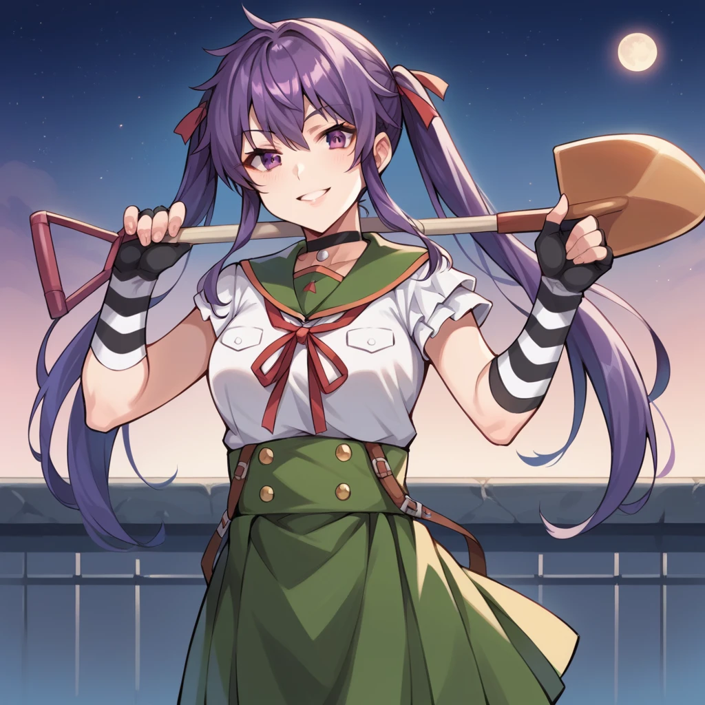 score_9_up, score_8_up, score_7_up, source_anime, masterpiece, best quality, 1girl, solo, Kurumi, moon light, starry sky, night sky, school rooftop, standing, holding shovel, smug smile, parted lips, looking at you, long hair, twintails, purple hair, purple eyes, school uniform, high-waist skirt, green skirt, double breasted, white shirt, striped arm warmers, red ribbon, pleated skirt, short sleeves, green sailor collar, fingerless gloves, black choker, frilled shirt, neck ribbon, mature body, dynamic cowboy shot, outdoors, sky clouds background