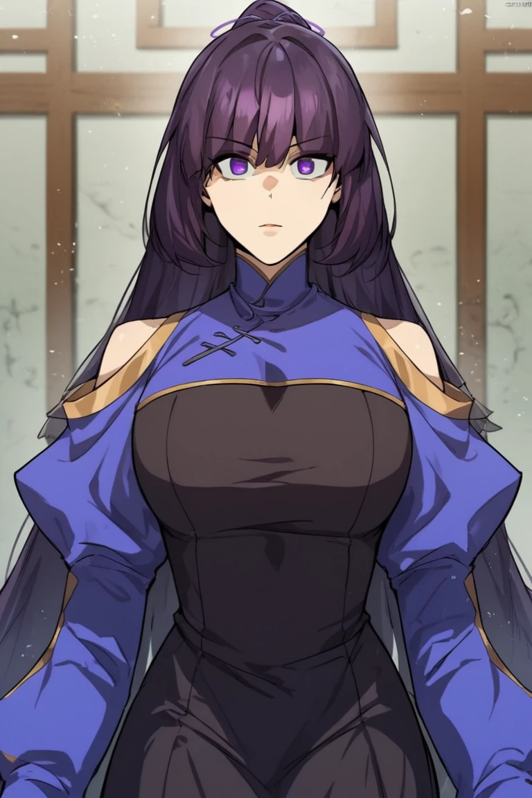 Cheongsam Girl,Purple Hair,Purple eyes,Long Hair,Blunt bangs,cowboy shot,Pure white background,Big Breasts,Depth of written boundary,Low angle view,Calf Level View,Overclocked Renderer,Cinema Lighting,Ultra-fine,Very detailed,complicated,Cinematic Perspective,CG Art,Looking at me,