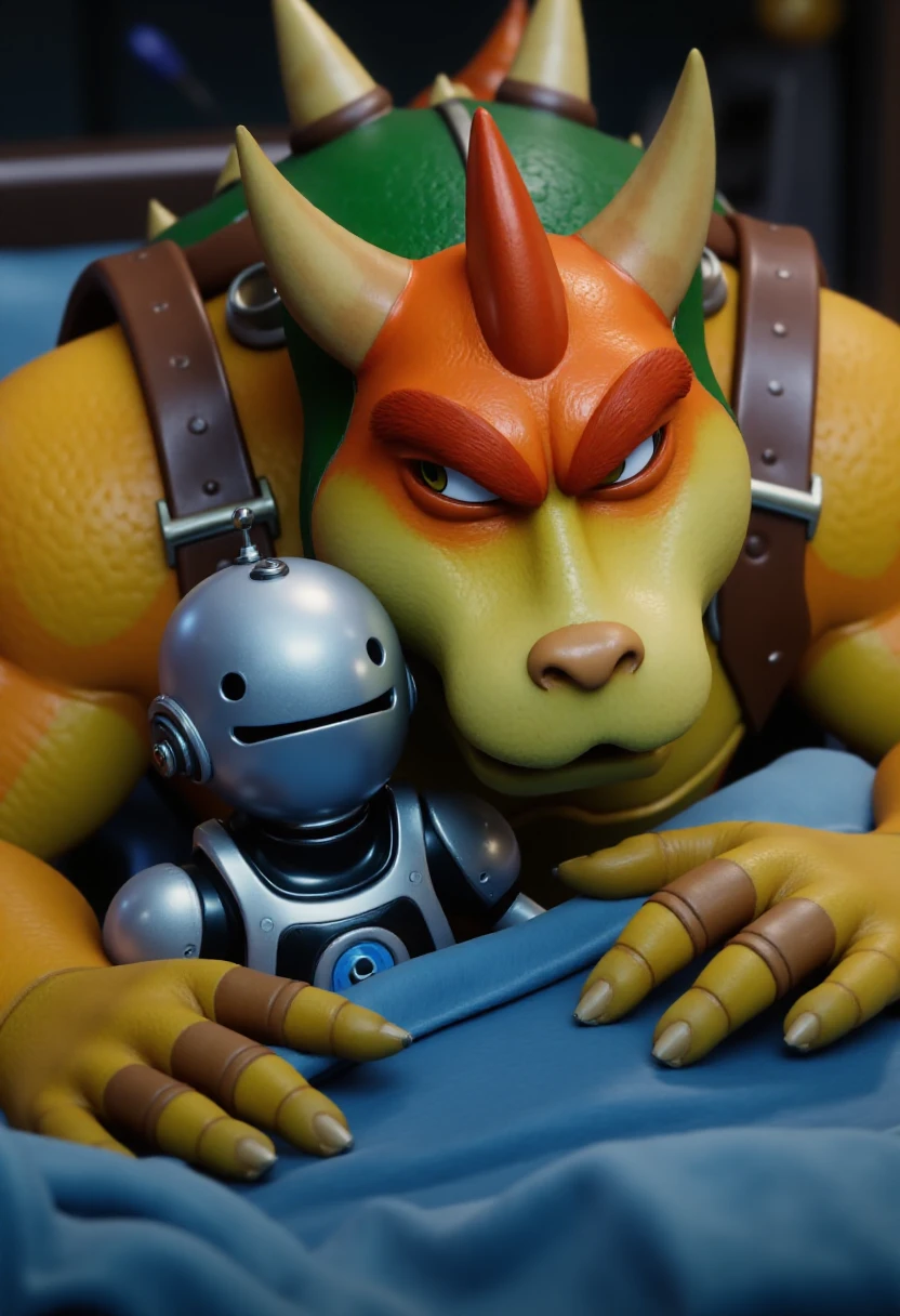 rcriftapart, realistic CGI,  Bowser and a small silver robot cuddling up under the covers in bed together.   <lora:Ratchet__Clank_Rift_Apart_Style_FLUX:0.8>