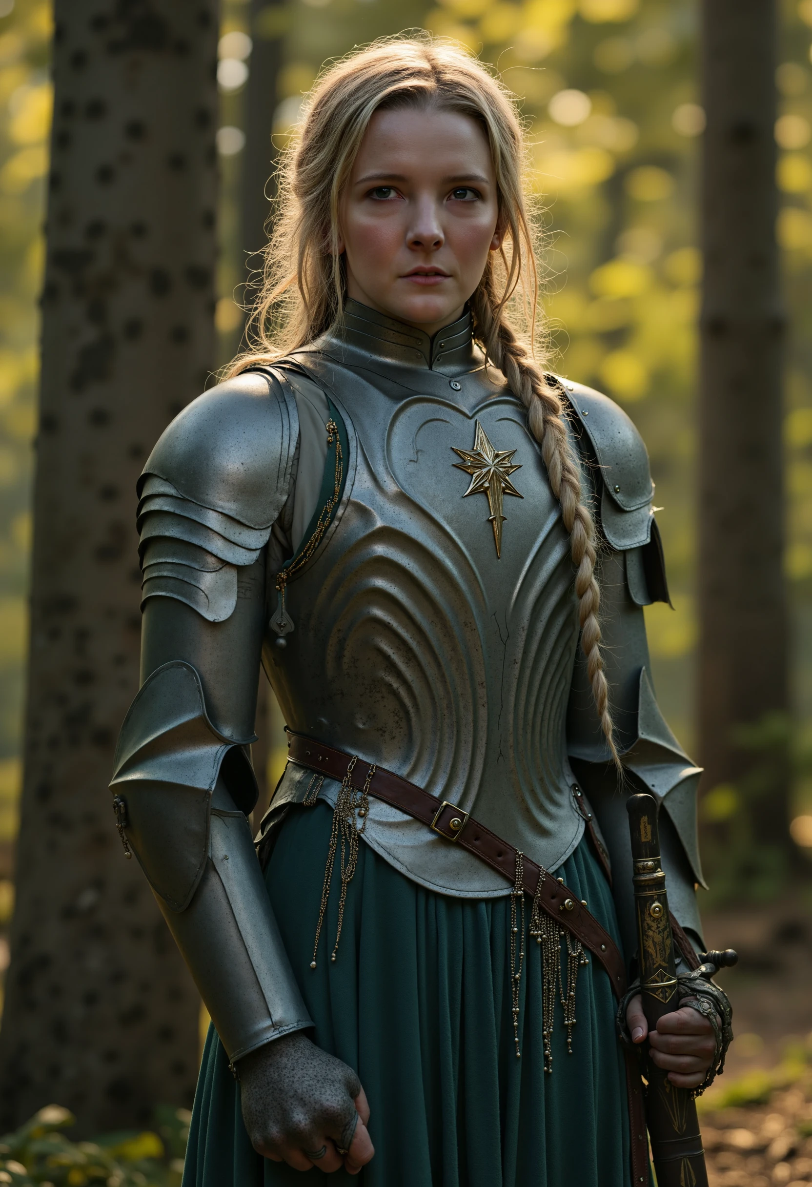 g4l4dr1el, raw photo of a woman wearing armor, in a forest, 8k, masterpiece, brilliant composition