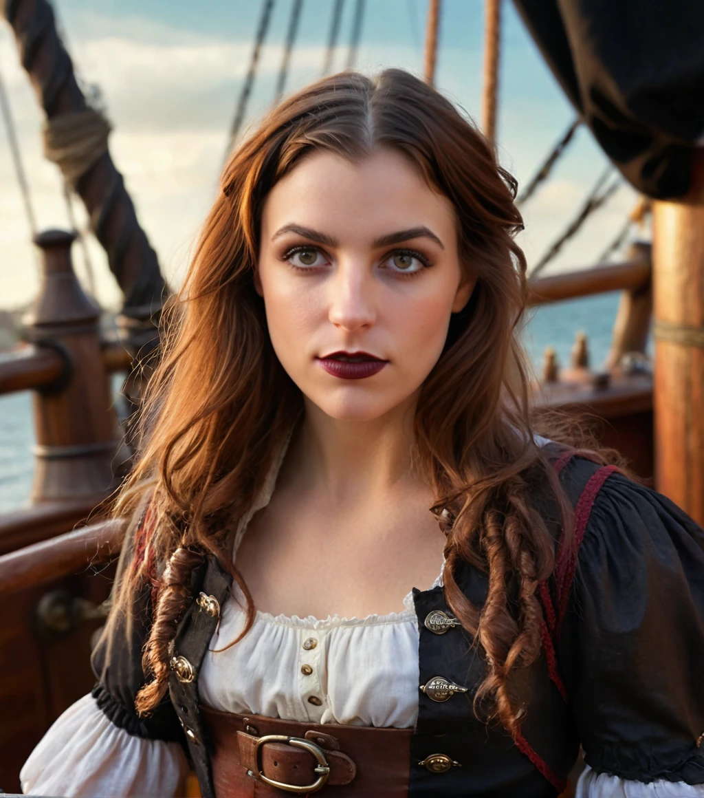 <lora:b3cc4_11XL-000007:0.9>, a (medium close up) photograph of (beautiful 24 year old) (b3cc4 woman:1.2) as a pirate wench, wearing a pirate uniform with skirt, standing on the deck of a pirate ship, parrot on shoulder, sail masts in background, long messy dark hair, thick mascara, dark lipstick,photorealism,realistic lighting,(bokeh),realistic shadows,masterpiece,Award-winning photography,realistic skin texture,UHD HDR,8K wallpaper,Hyperrealistic, Hyperdetailed, subsurface scattering, heavy shadow, best quality, rule of thirds, Intricate, High Detail, 16mm, color graded portra 400 film, detailed pupils, 35mm photograph, professional