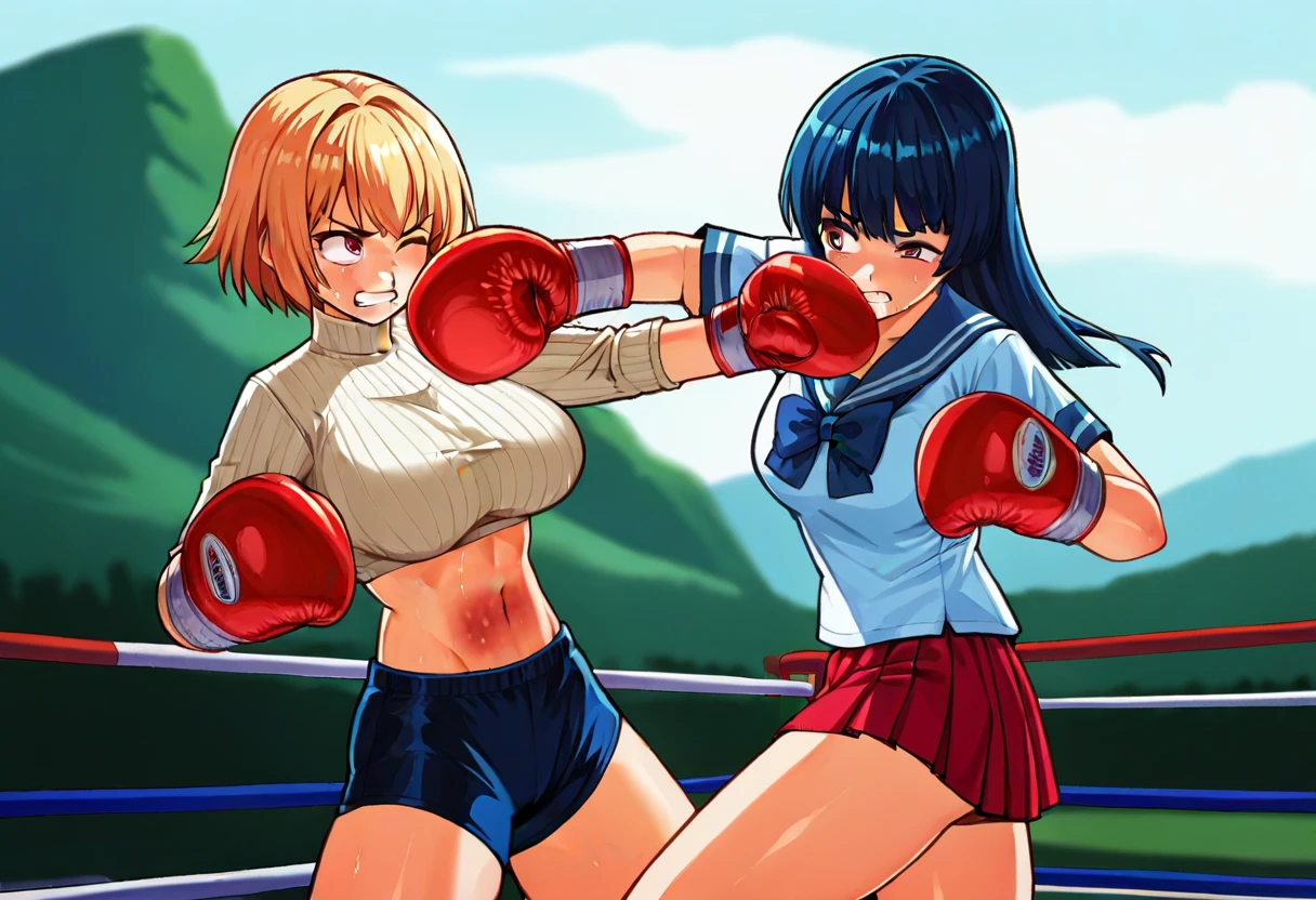 boxing gloves, red boxing gloves, <lora:girlsboxingmatchlorapony7:0.4>, gbmatch, cowboy shot, score_9, score_8_up, score_7_up, source_anime, 2girls, outdoors, landscape, punching, standing, one eye closed, clenched teeth, bruise, BREAK
short hair, ribbed sweater, sweater, shorts, large breasts, thighs, 
BREAK
long hair, bangs, skirt, pleated skirt, school uniform, thighs, serafuku, sailor collar, bowtie,