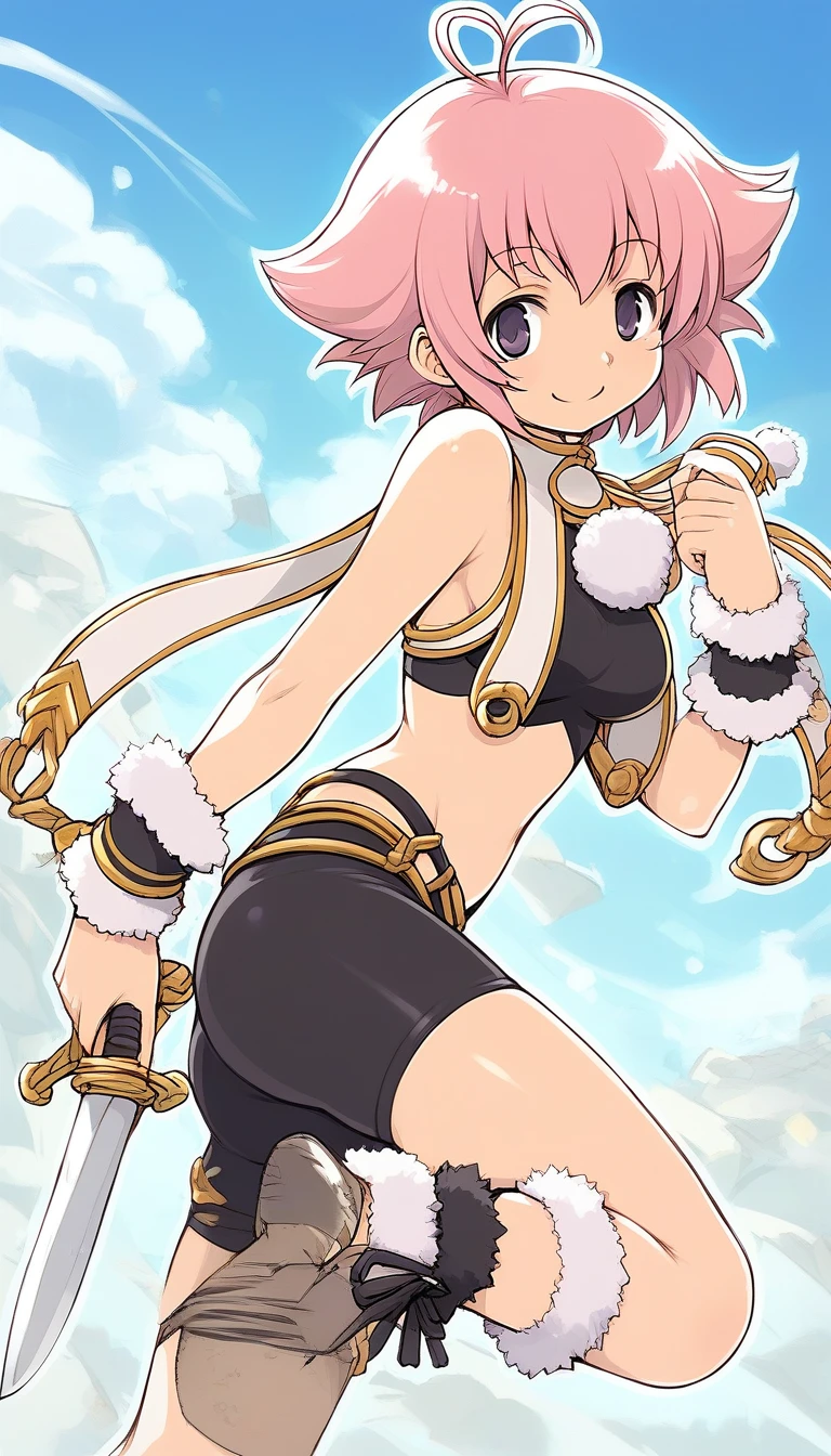 score_9, score_8_up, score_7_up, source_anime, rating_explicit, BREAK <lora:Sugar_Ver2.0_XL:1> Sugar, short hair, ahoge, antenna hair, weapon, purple eyes, pink hair, dagger, knife,
bare shoulders, shorts, midriff, fur trim, bike shorts, crop top, anklet, jewelry, pom pom (clothes), smile,
closed mouth, outline, wristband, sleeveless, black eyes, wrist cuffs, black shorts, ankle cuffs,
blue sky, outdoor,