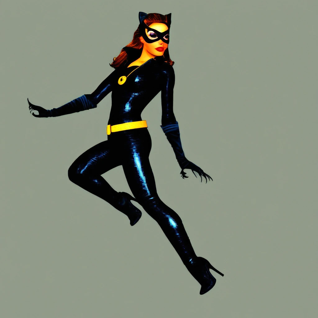 (masterpiece, best quality, official art, beautiful and aesthetic),full body,1 girl,solo,female catwoman jumps,looking at viewer,breasts,dark skin,latex bodysuit,tight clothing,leather gloves,white background,shiny bodysuit,gloss textrue,realistic,raw photo,rich details,<lora:catwoman2-000006:0.6>,