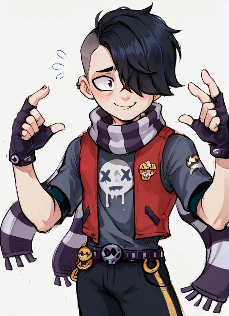 score_9, score_8_up, score_7_up,   <lora:bsedgar:1> ear bsedgar    , 1boy , short hair , black hair, hair over one eye,piercing, solo,striped scarf  ,red vest , grey shirt,  short sleeves, belt , black pants ,black gloves,   fingerless gloves, blush,  nervous smile,   <lora:Aer0Zer0_Artist_Style:1>