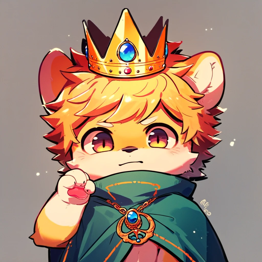 score_9_up, score_8_up, score_7_up, source_furry, mikus-kirikopoyo, lion, male, golden_mane, green, crown, cloak, royal, 1boy, solo
,