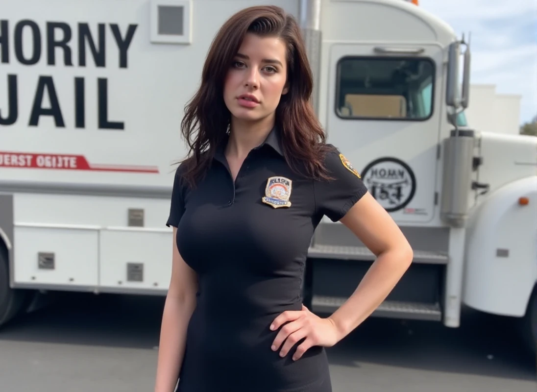 Sarah McDaniel has heterochromia.  she wears a police uniform and pose in front a prison truck with the text "Horny Jail" <lora:SarahMcDaniel:0.9>