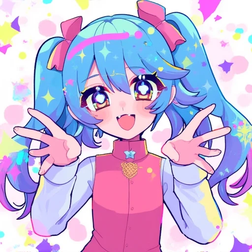 playful expression, playful smile, excited expression, flowing manner with a side-swept fringe. The character's expression is playful and inviting, high-collared shirt with a pink vest over it, featuring a mix of pink, sparkling blue color, rounded nose and a wide, and the character is smiling broadly, and a striking shade of blue, adding to the dramatic effect. They have a mischievous grin, fingers spread wide, and blue hues. The hair has a playful, playful smirk on her face, while the other eye is a normal brown. Her eyes are framed by long, sharp teeth. They are holding a pink