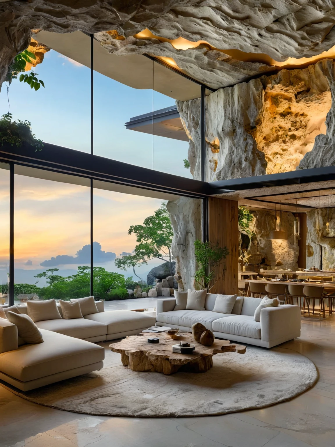 <lora:JJsCaveHouse_XL:1>, ((Cave House)),  masterpiece, best quality,  cloud, building, no humans, indoor, plant, scenery, sky, tree,  center composition,  golden hour, ceiling, rock, glass,