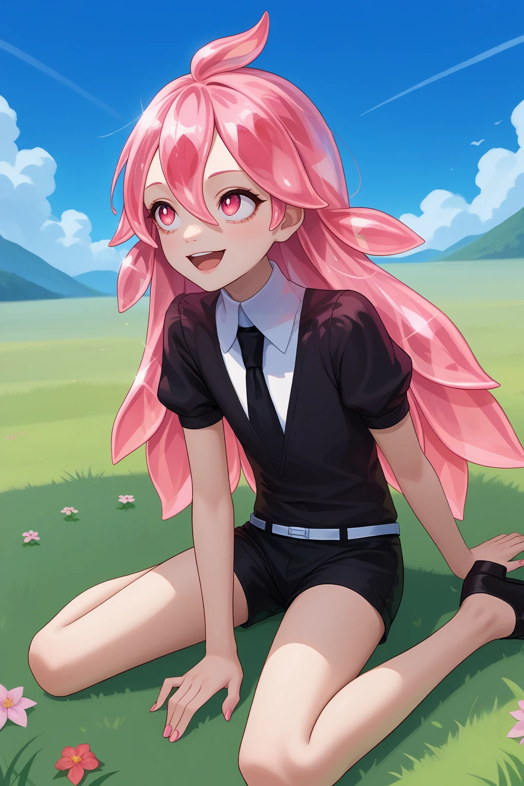 score_9, score_7_up, source_anime, looking up, smile, open mouth, morg, long hair, white skin, crystal hair, pink hair, pink eyes, hair between eyes, black shirt, puffy short sleeves, collared shirt, black necktie, white belt, black shorts, black footwear, hands on floor, sitting, outdoors, grass, blue sky, <lora:Hoseki_HousekiNoKuni_Morganite_PDXL_v1:1>