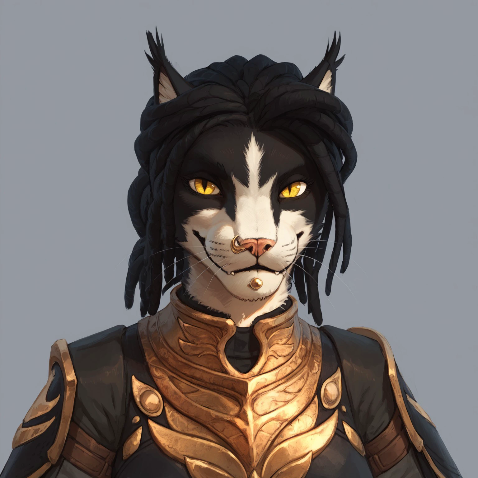 score_9, score_8_up, score_7_up, score_6_up, best quality,
anthro, 1girl, 3mb3r, feline, black and white fur, yellow eyes, black hair, nose ring, chin piercing, black armor, (side view:0.5), portrait, smile, looking at viewer,