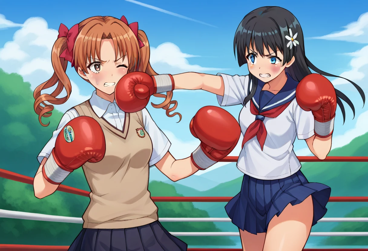 boxing gloves, red boxing gloves, <lora:girlsboxingmatchlorapony7:0.3>, gbmatch, cowboy shot, score_9, score_8_up, score_7_up, source_anime, 2girls, outdoors, landscape, punching, standing, one eye closed, clenched teeth, bruise, BREAK
kurokoshirai, <lora:kuroko-shirai-s3-ponyxl-lora-nochekaiser:0.5>,
kuroko shirai, brown hair, long hair, parted bangs, brown eyes, ringlets, twintails, hair bow, bow, red bow,
armband, black skirt, collared shirt, dress shirt, pleated skirt, safety pin, school uniform, shirt, short sleeves, skirt, summer uniform, sweater vest, tokiwadai school uniform, twintails, white shirt, brown sweater vest, thighs, 
BREAK
satenruiko, <lora:saten-ruiko-ponyxl-lora-nochekaiser:0.7>,
saten ruiko, black hair, blue eyes, long hair, hair ornament, flower ornament, 
blue skirt, pleated skirt, sakugawa school uniform, school uniform, serafuku, skirt, summer uniform, thighs, neckerchief, red neckerchief,