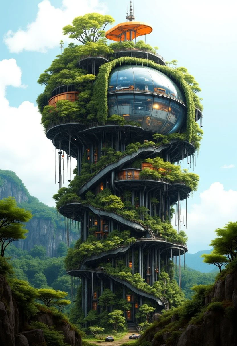 The image is a highly detailed, CGI-rendered photograph of an elaborate, futuristic tower nestled in a lush, mountainous landscape. The tower, cylindrical in shape, is made of a combination of steel and glass, with an orange top and various mechanical components visible through the transparent sections. The structure is covered in a thick layer of greenery, including large, lush trees and vines, giving it a surreal, organic appearance.
<lora:Wasteland City Flux:1>