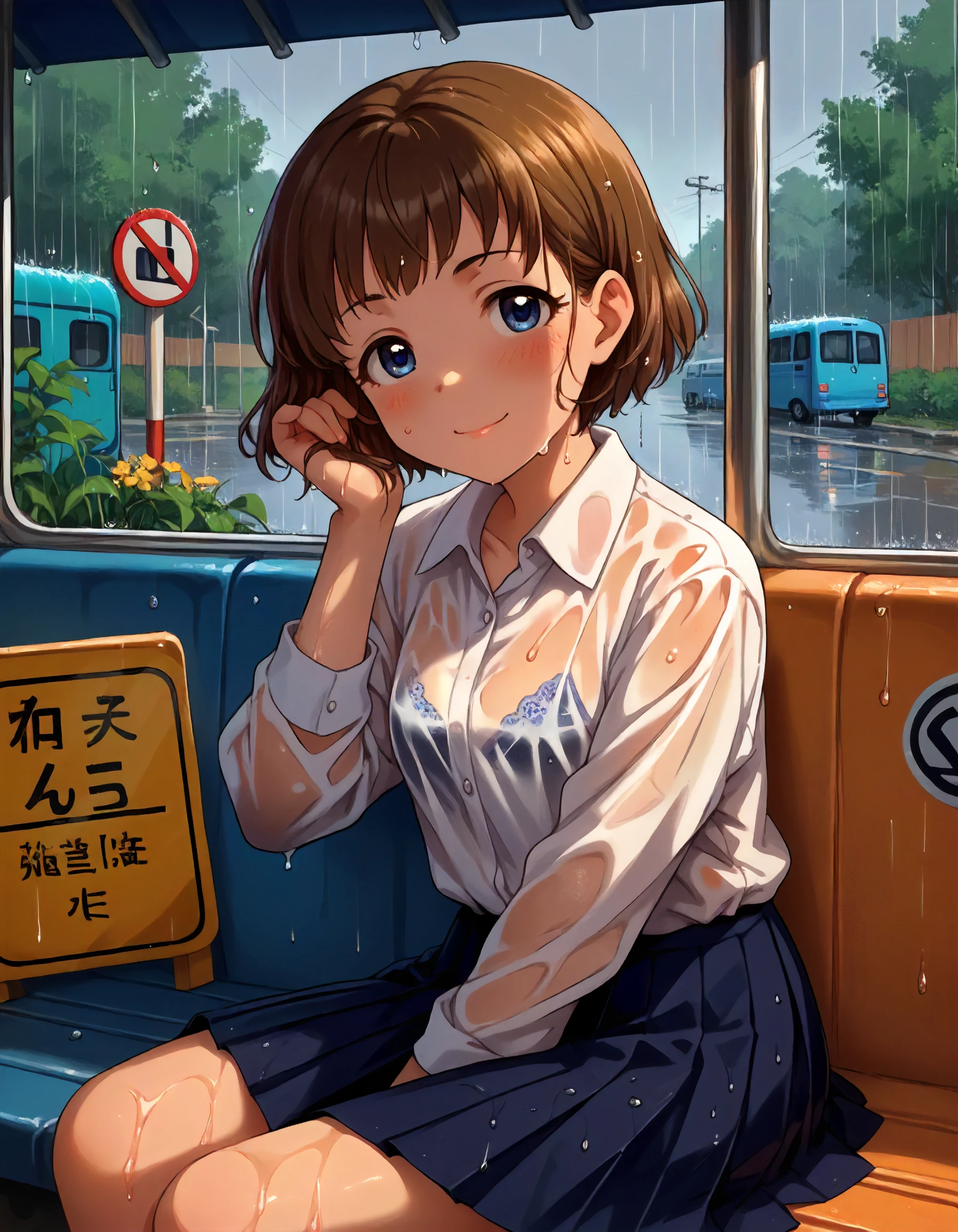 score_9,score_8_up,score_7_up,1girl,solo,sitting,looking at viewer,smile,blush,rain,bus stop,wet,
<lora:kudoushinobu_ponyXLV6:0.8>,cgkds,
brown hair,short hair,blue eyes,
white shirt,(bra visible through clothes:0.7),pleated skirt