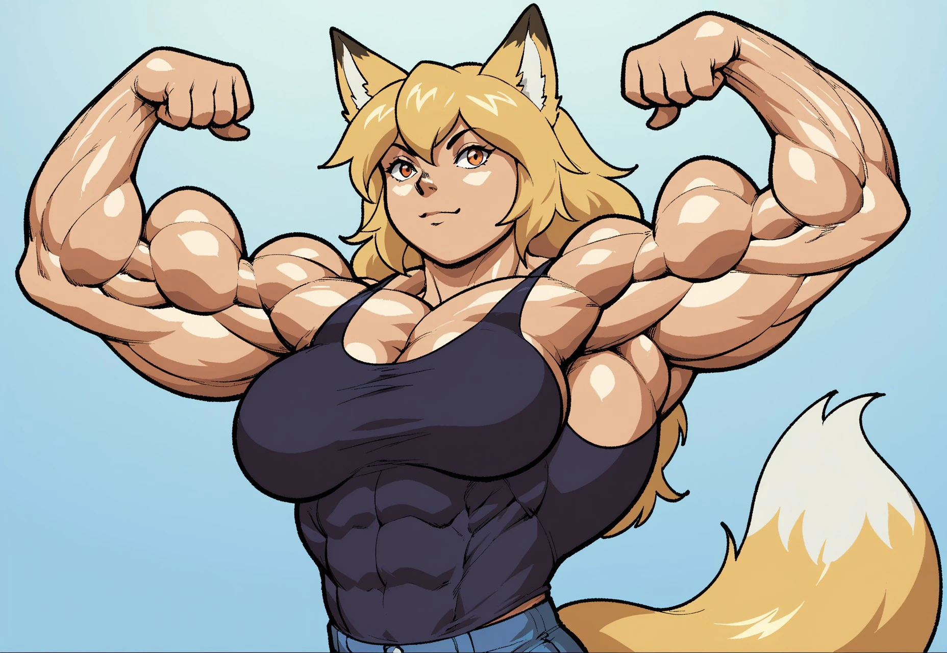 safe_pos, score_9, score_8_up, score_7_up, score_6_up BREAK (((five fingers))),simple background,1girl,muscular,double biceps pose,muscular female,animal ears,fox ears, fox tail,large breasts,flexing,tank top,jeans,upper body