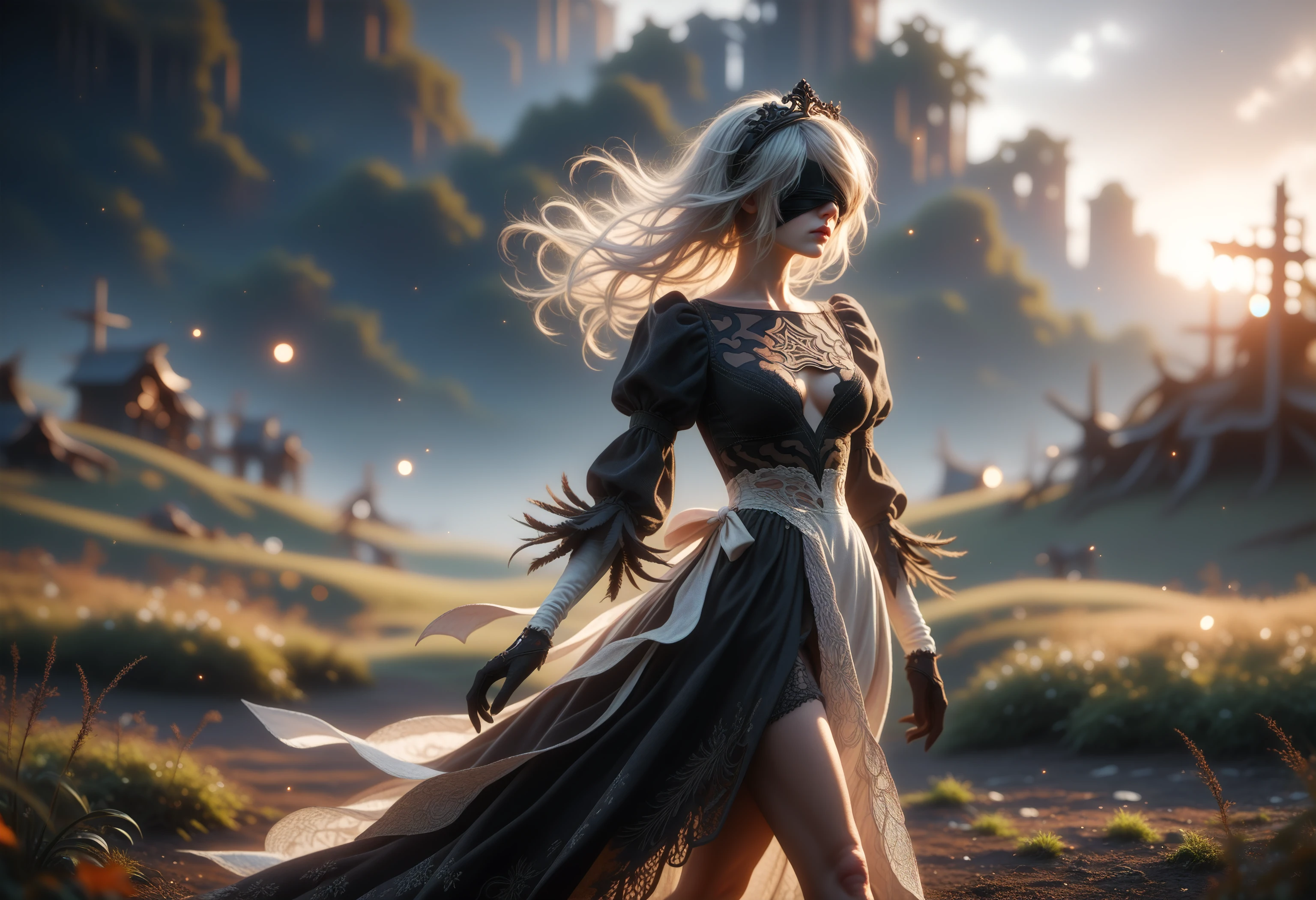 score_9, score_8_up, score_7_up, 2b_(\nier:automata\), nier_\(series\), white_hair, covered_eyes, looking away, walking, plains, outdoors, cinematic shot, d4113.safetensors, <lora:test\d4113.safetensors:1.0>