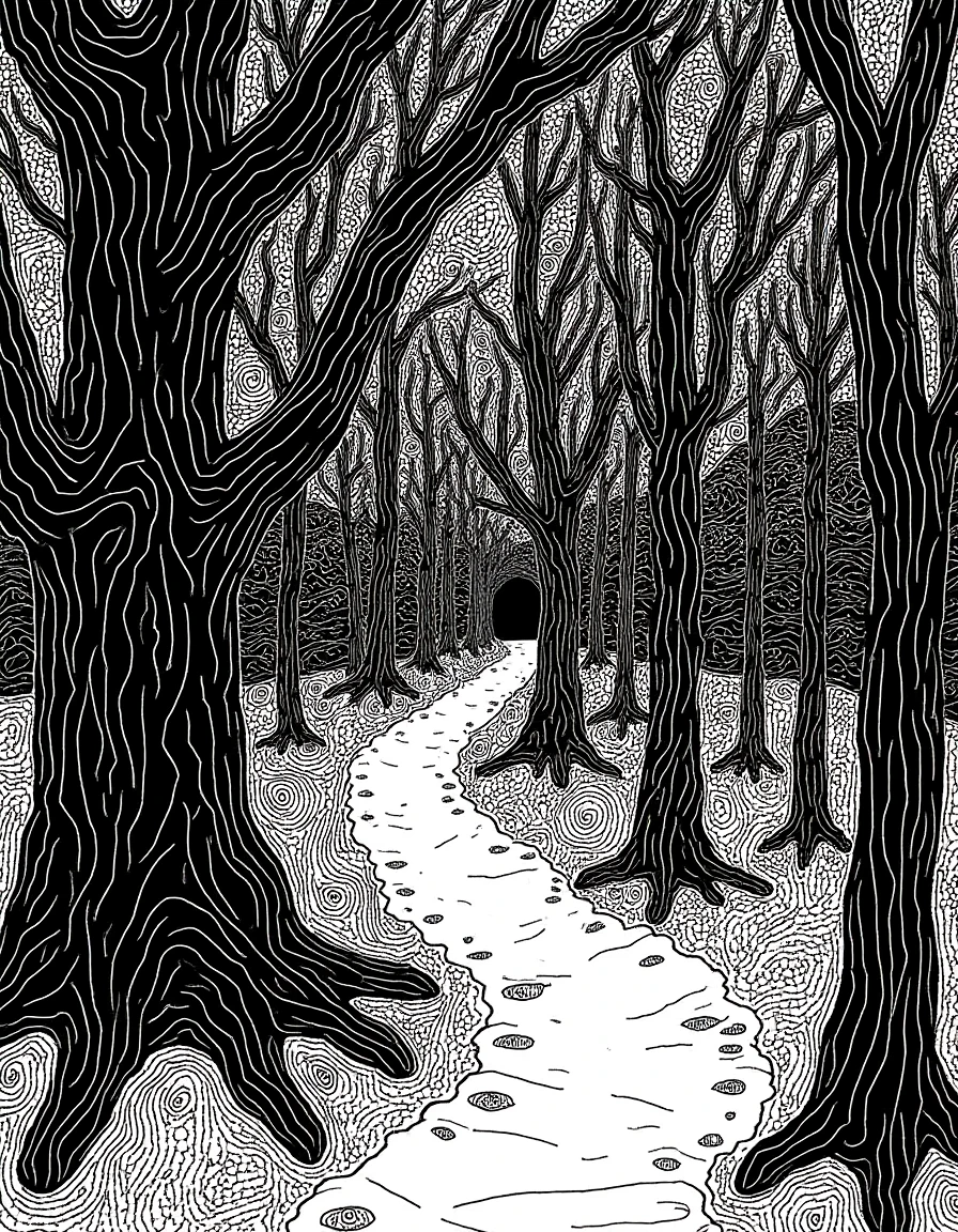 random1ze a black and white illustration, a strange forest