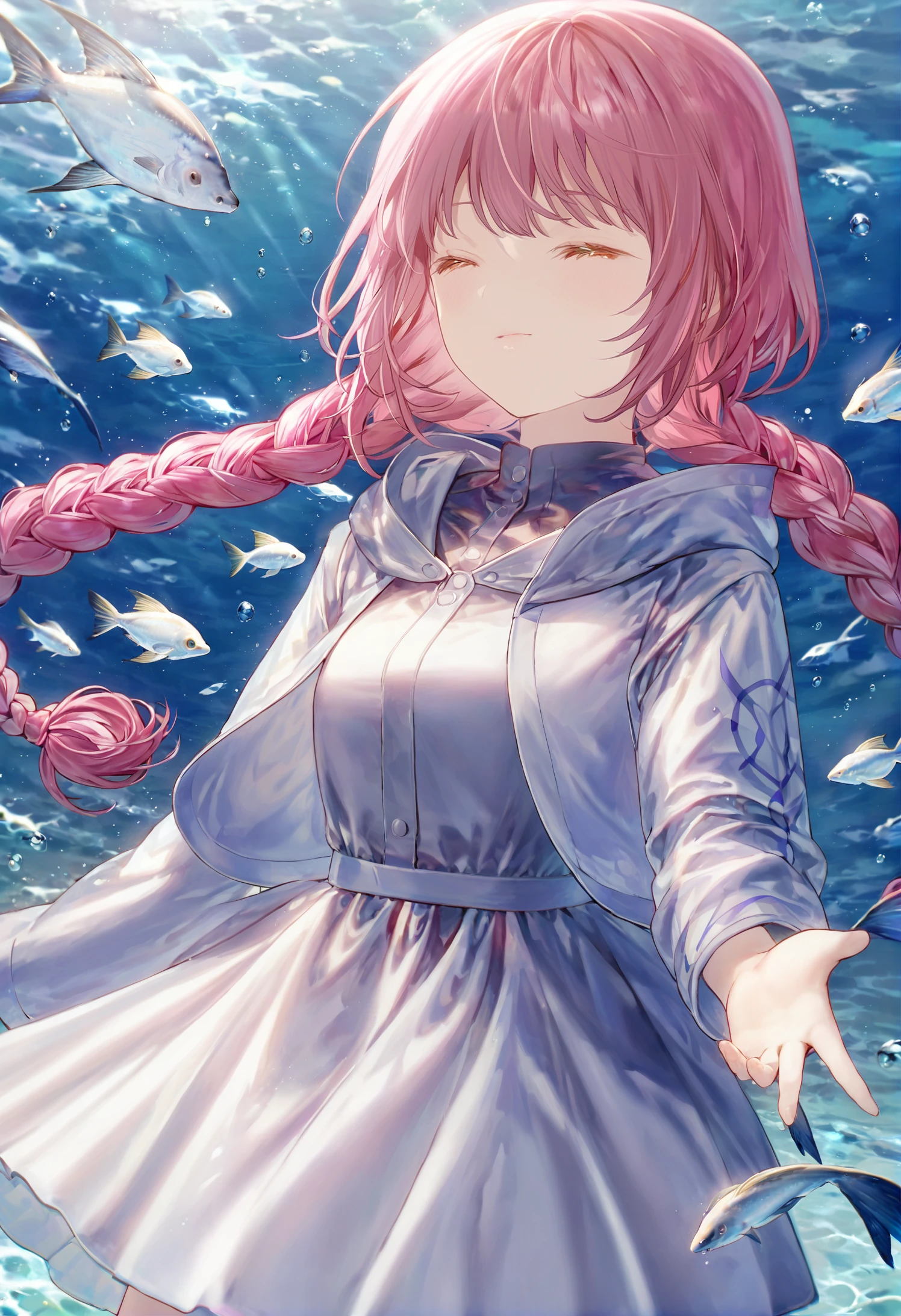 masterpiece, best quality,kaf \(kamitsubaki studio\), 1girl, fish, pink hair, virtual youtuber, solo, hood, closed eyes, braid, long hair, flying fish, dress, twin braids, hooded jacket 
 <lora:ccroquetteXLlokr4f-000179:0.95>