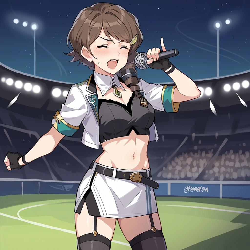 score_9_up, score_8_up, score_7_up, source_anime, masterpiece, best quality, 1girl, solo, Schrodinger, Erwin_Idol, spotlight, night sky, starry sky, stadium audience, performance, standing on stage, neon lights, holding microphone, screaming singing, raised fist, blush, brown hair, closed eyes, drill hair, hairclip, midriff, navel, miniskirt, short skirt, two-tone skirt, white skirt, black skirt, open jacket, crop top, black shirt, fingerless gloves, black gloves, black thighhighs, garter straps, side slit, teal wrist cuffs, black belt, short sleeves, white sleeves, detached collar, white jacket, cropped jacket, arm strap, mature body, dynamic cowboy shot, outdoors, stadium background