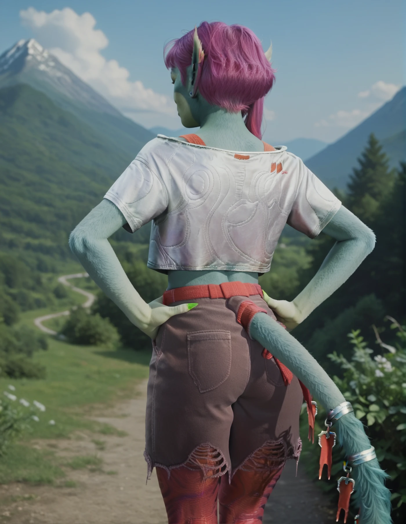 looking at a mountains valley at the sunset <lora:It-Z:1.3> itz, green skin, pointy ears, pink hair, furry skin, crop top, outdoors, tail, back view, hands on hips, thighs,, score_9, score_8_up, score_7_up, score_6_up