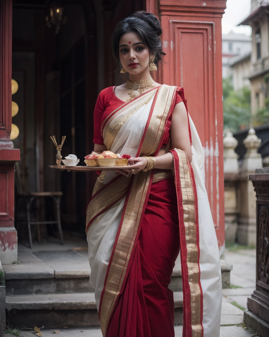 Masterpiece, SFW, a very cute 21yo beautiful girl, curvy, Busty, ((Detail Face)), Full body Portrait, ((Bengali Style Red and White Saree, Holding Ritual Plate)), Standing Pose, Standing in front of a Hindu Temple Courtyard, ((Detail Black Hair)), (French Twisted Messy Bun Hairstyle with Flower accessories), <lora:detail_slider_v4:1> <lora:real_hair:0.4> <lora:S-shape body:1> <lora:backlight_slider_v10:-2> <lora:ccmakeupå¦å®¹:1> <lora:0 Bengali Saree:0.6>, detailed skin texture, (blush:0.5), (goosebumps:0.5), subsurface scattering