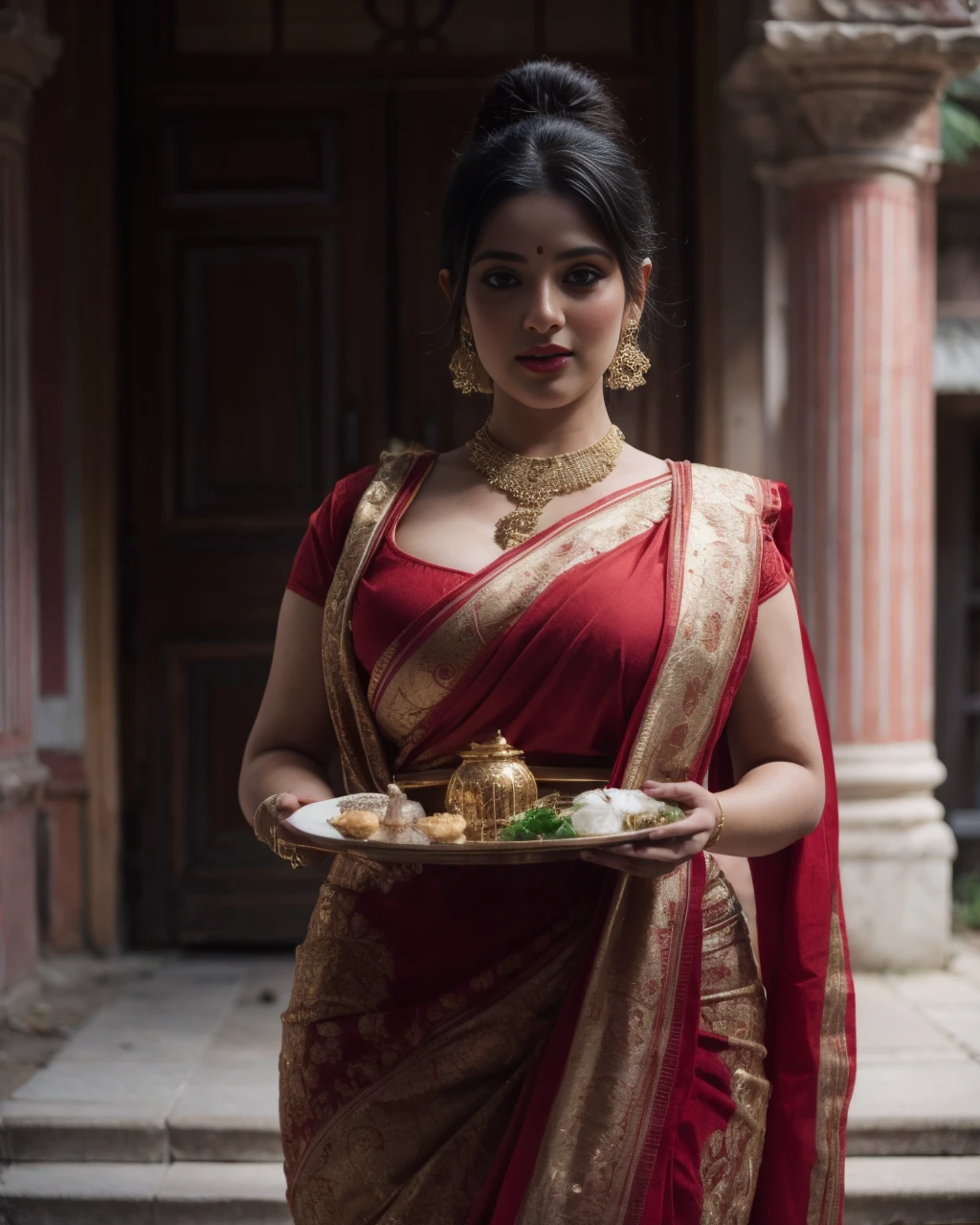 Masterpiece, SFW, a very cute 21yo beautiful girl, curvy, Busty, ((Detail Face)), Full body Portrait, ((Bengali Style Red and White Saree, Holding Ritual Plate)), Standing Pose, Standing in front of a Hindu Temple Courtyard, ((Detail Black Hair)), (French Twisted Messy Bun Hairstyle with Flower accessories), <lora:detail_slider_v4:1> <lora:real_hair:0.4> <lora:S-shape body:1> <lora:backlight_slider_v10:-2> <lora:ccmakeupå¦å®¹:1> <lora:0 Bengali Saree:0.6>, detailed skin texture, (blush:0.5), (goosebumps:0.5), subsurface scattering