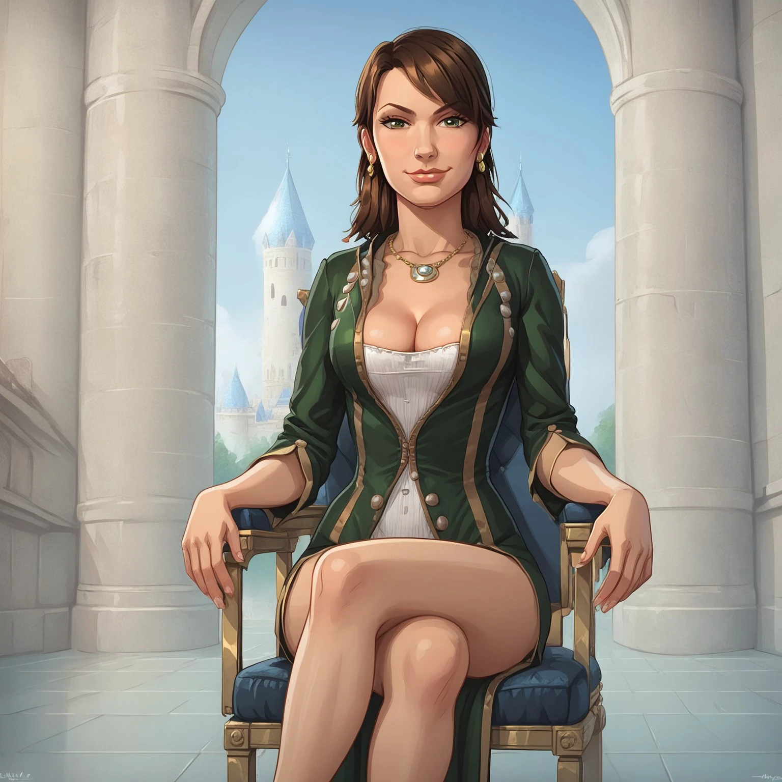 safe_pos, catherine, catherine sitting on a throne inside a castle with her legs crossed leaning back smug, solo, 1girl, throne room, castle interior, stone castle, brown hair, green coat, white and green dress, buttons, necklace, earrings, cleavage, outside, arms crossed, Basic Instinct Pose, B4sic1nstinctP0se, basic_instinct_(movie), 1woman, sitting, on_chair, looking at viewer, facing viewer,