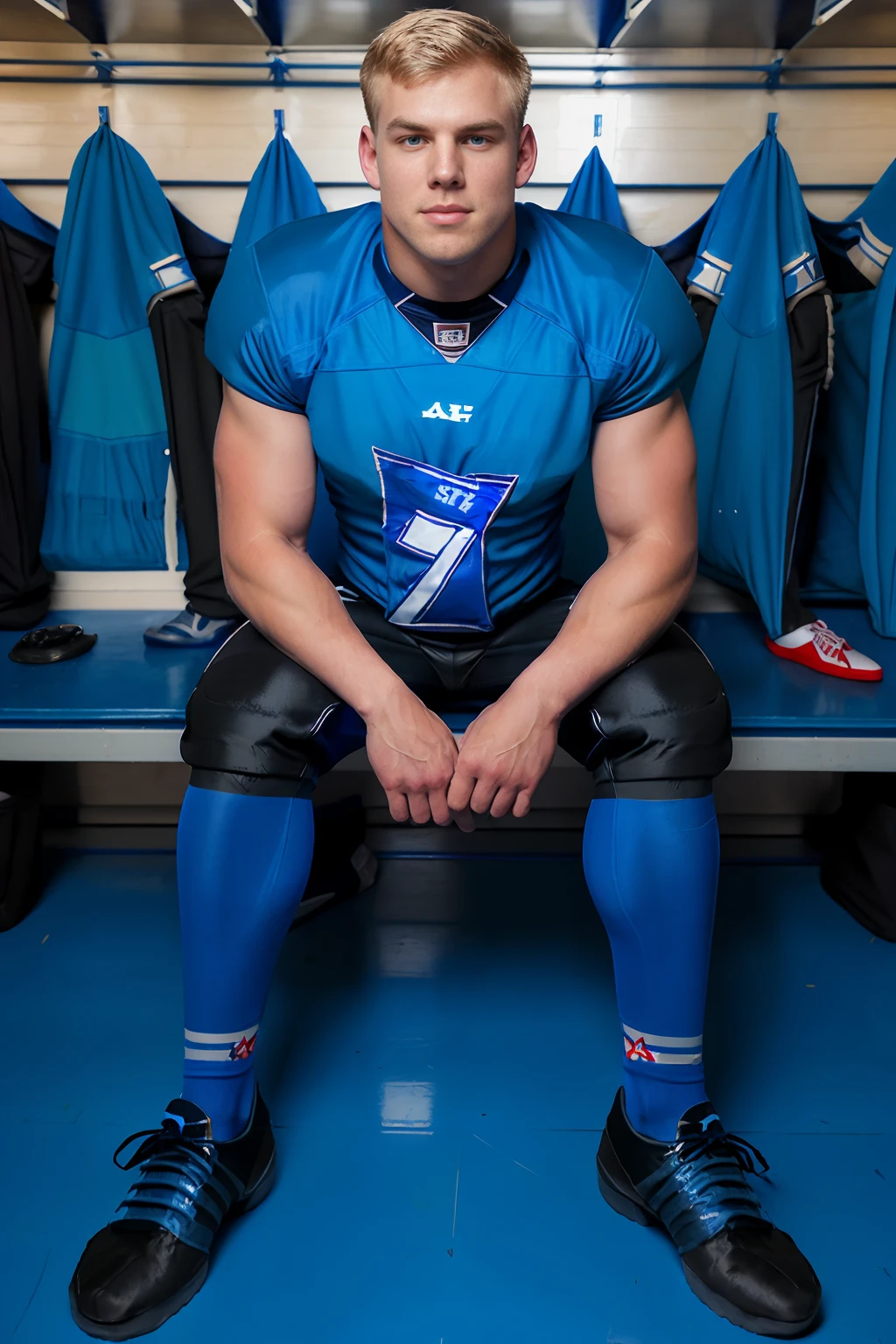 locker room, sitting on bench, in front of lockers, slightly smiling, SergeHenir is an (American football player), wearing (football uniform:1.2), (blue jersey:1.6), jersey number 57, (black football pants:1.4), (blue socks:1.3), long socks, (sneakers:1.3), (((full body portrait))), wide angle  <lora:SergeHenir:0.8>