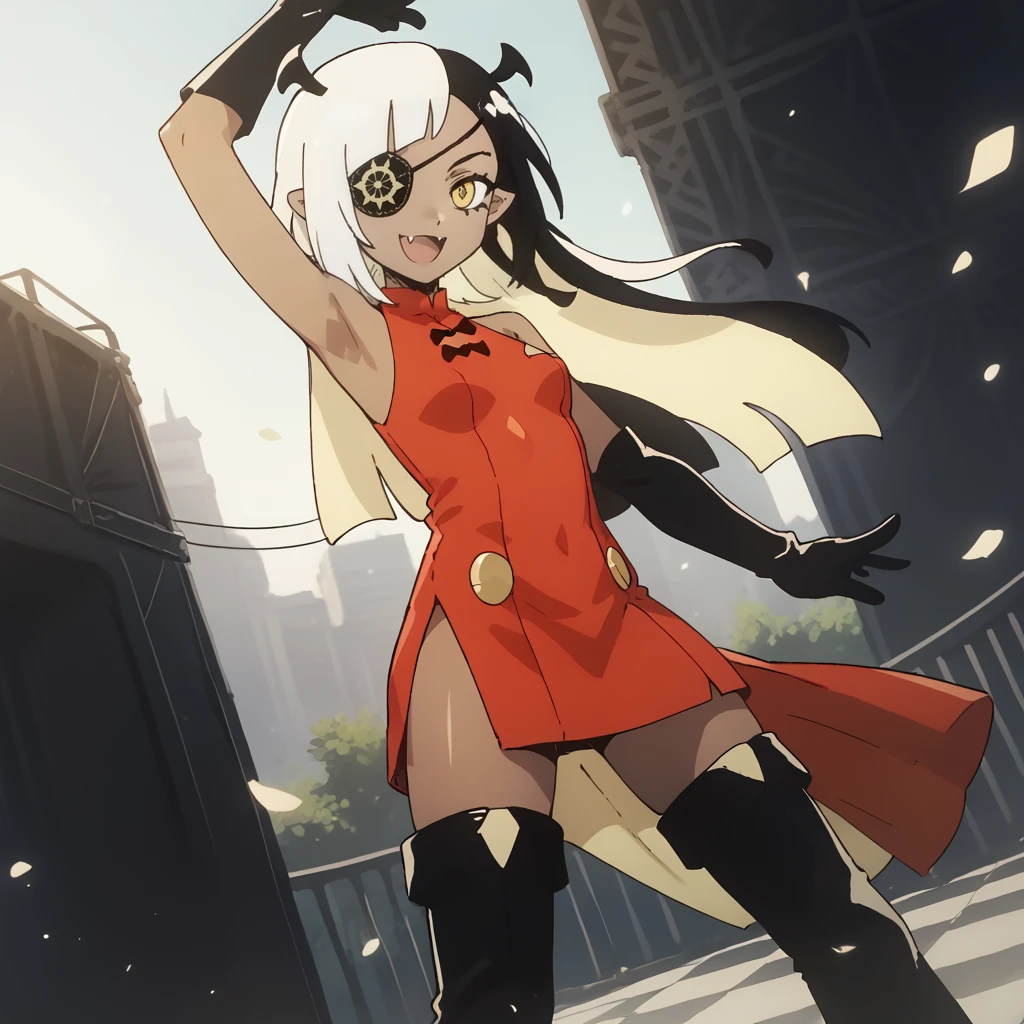 score_9, score_8_up, score_7_up, 1girl, solo, uncensored, lugosichan, smile, closed eyes, open mouth, dancing, standing, arm up, dutch angle, dark skin, multicolored hair, black and white hair, eyepatch, yellow eyes, skin fang, black gloves, red dress, black thigh boots, outdoors, abstract background <lora:LugosiChanXL_v1.0:1>