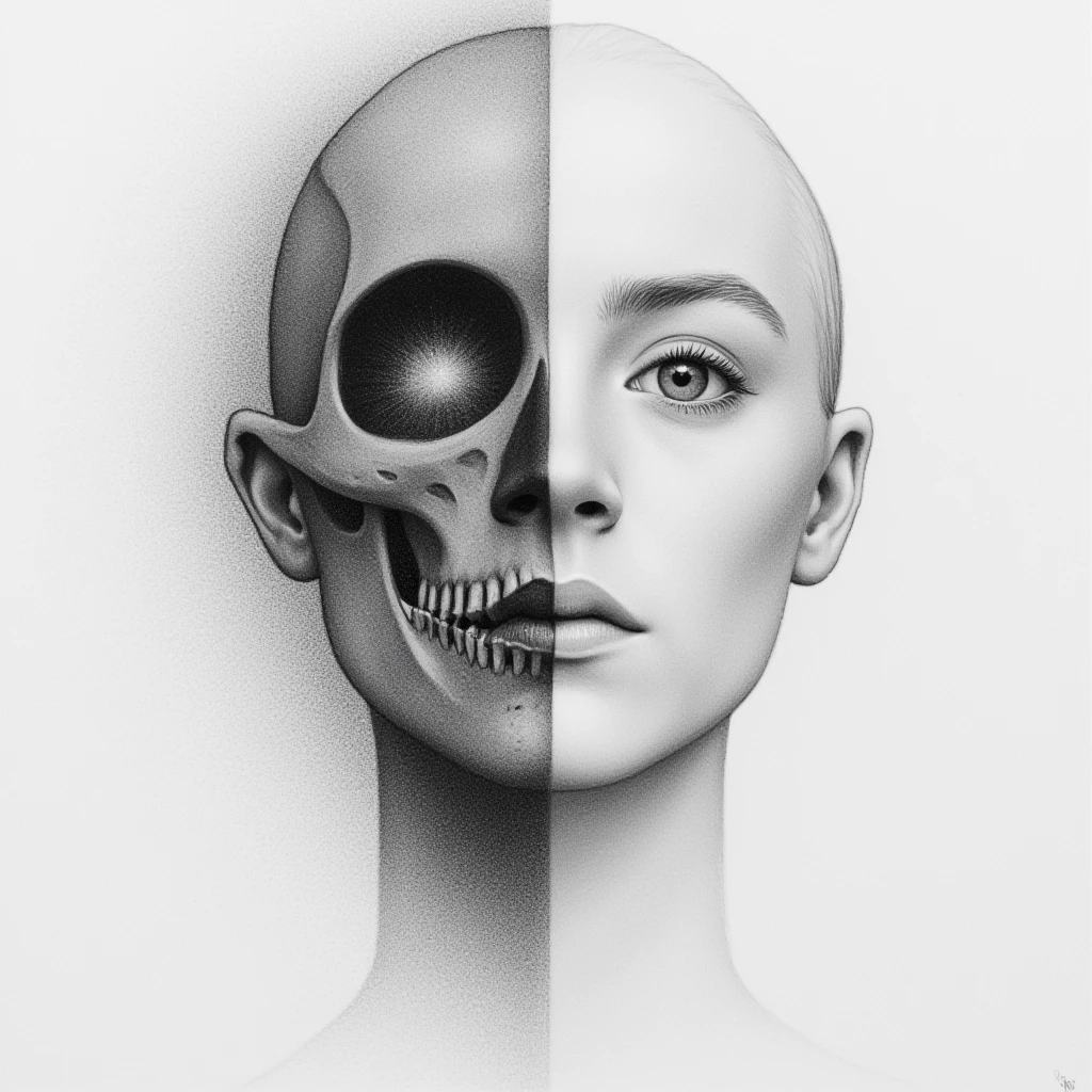 Detailed realistic drawing of the face of a woman facing the viewer but the left half of her face is skull while the right side of her face is normal. She has no hair on the left side of her face only a skull and also her eye-socket is hollow on the left side. , <lora:Saoirse_Ronan_FLUX_v1-000037:1>