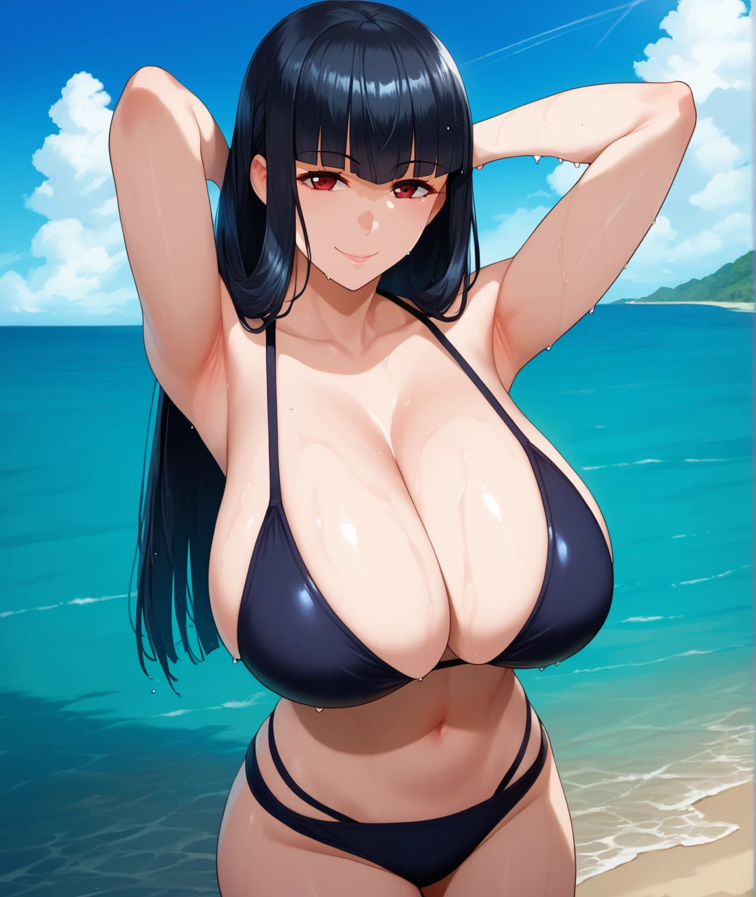 (Highest quality:1.3)、One Girl、Huge 、Blue Bikini、Kneel、Short black hair、Shyness、Cute anime illustrations、Kamimei、Long black hair,Big Breasts