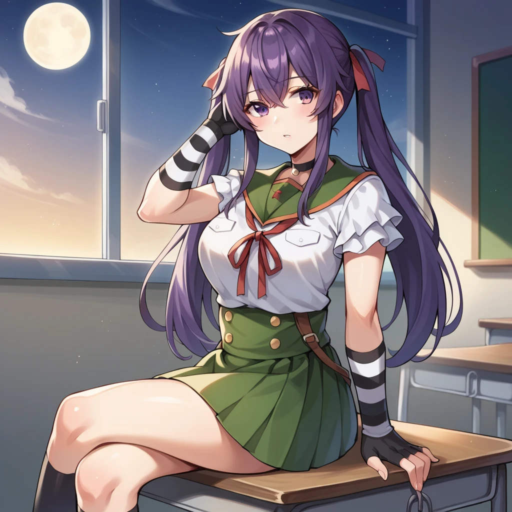 score_9_up, score_8_up, score_7_up, source_anime, masterpiece, best quality, 1girl, solo, Kurumi, moon light, starry sky, night sky, night time, no light, classroom, sitting on desk, crossed legs, looking to side at window, kneepads, knee highs, blackboard, hand in hair, parted lips, long hair, twintails, purple hair, purple eyes, school uniform, high-waist skirt, green skirt, double breasted, white shirt, striped arm warmers, red ribbon, pleated skirt, short sleeves, green sailor collar, fingerless gloves, black choker, frilled shirt, neck ribbon, mature body, dynamic cowboy shot, indoors, classroom background