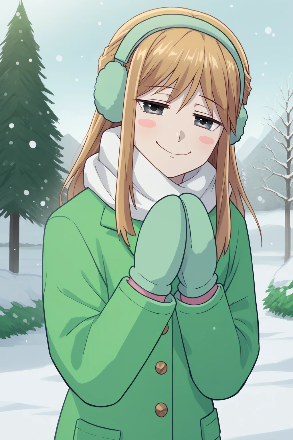 score_9, score_8_up, solo, <lora:NSRitsuFrusket:1> NSRitsuFrusket, grey eyes, medium hair, half updo, light brown hair, happy, smug, pale skin, winter, earmuffs, white scarf, snow, green coat, white mittens, blush stickers, white leggings, Christmas